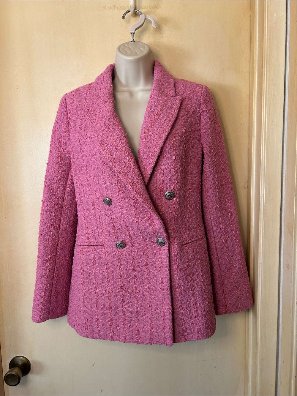 H&M Pink Textured Double-Breasted Bouclé Blazer size XS